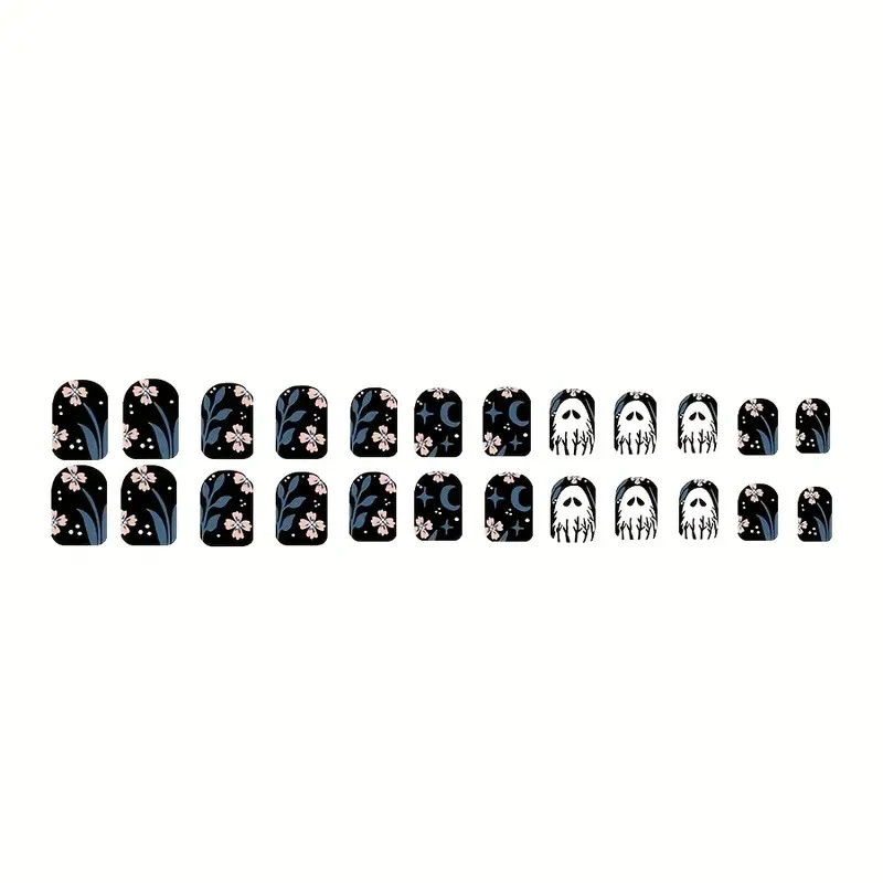 Square Acrylic Press-On Nails 24pcs | Short Set Floral Night Ghosts Design