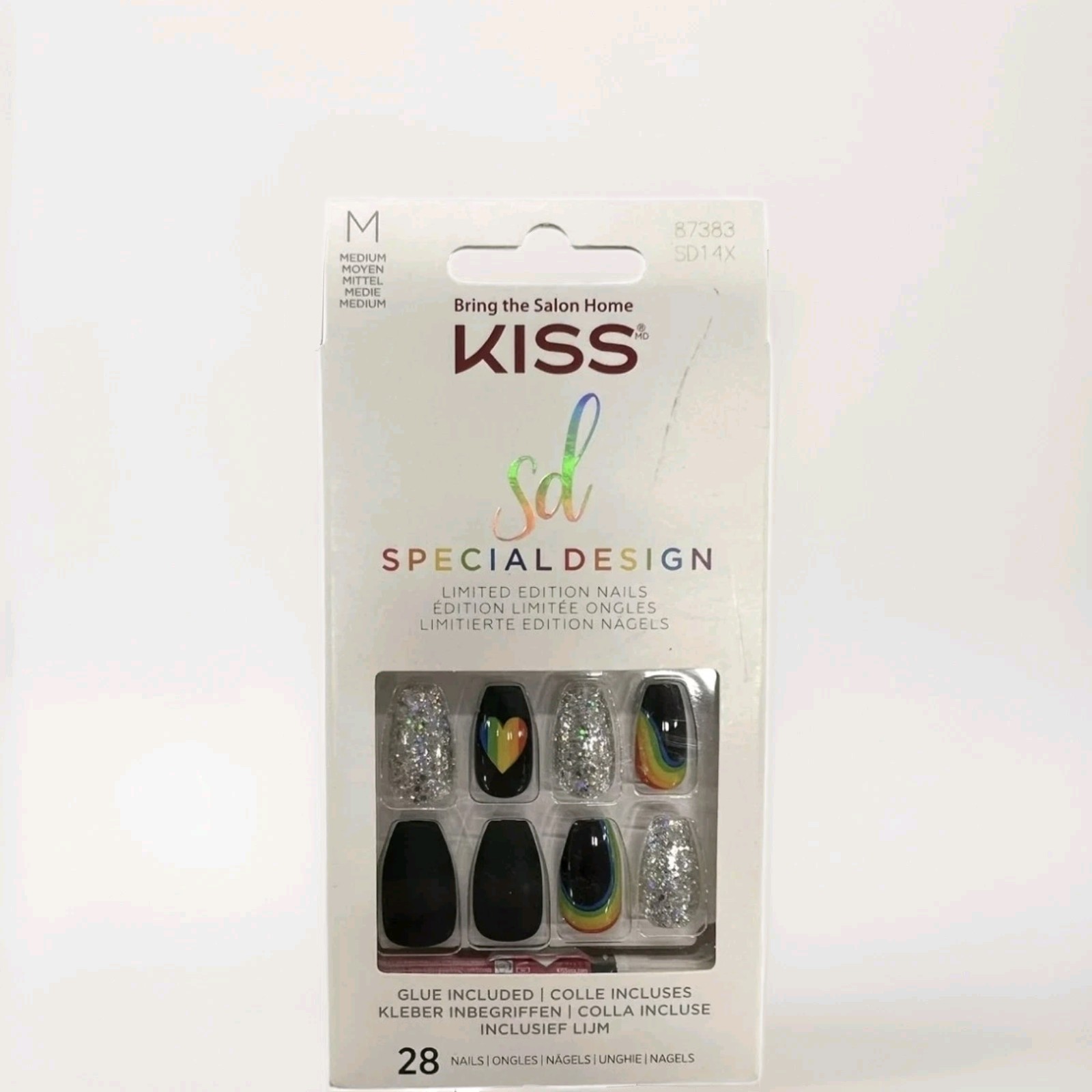 2 Boxes Kiss Special Design Glue-On Black Medium Length Rainbow Pride Nails