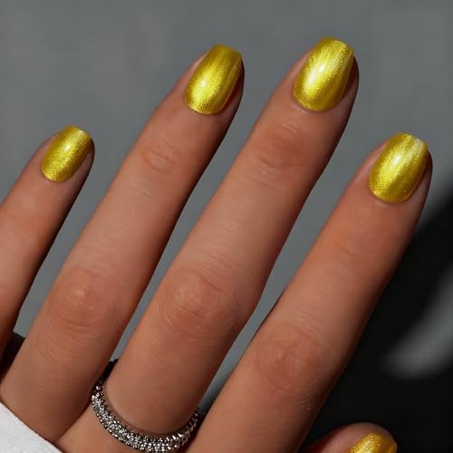 Cat Eye Press On Nails Short, 30 Pcs Glitter Gold Press On Nails yellow