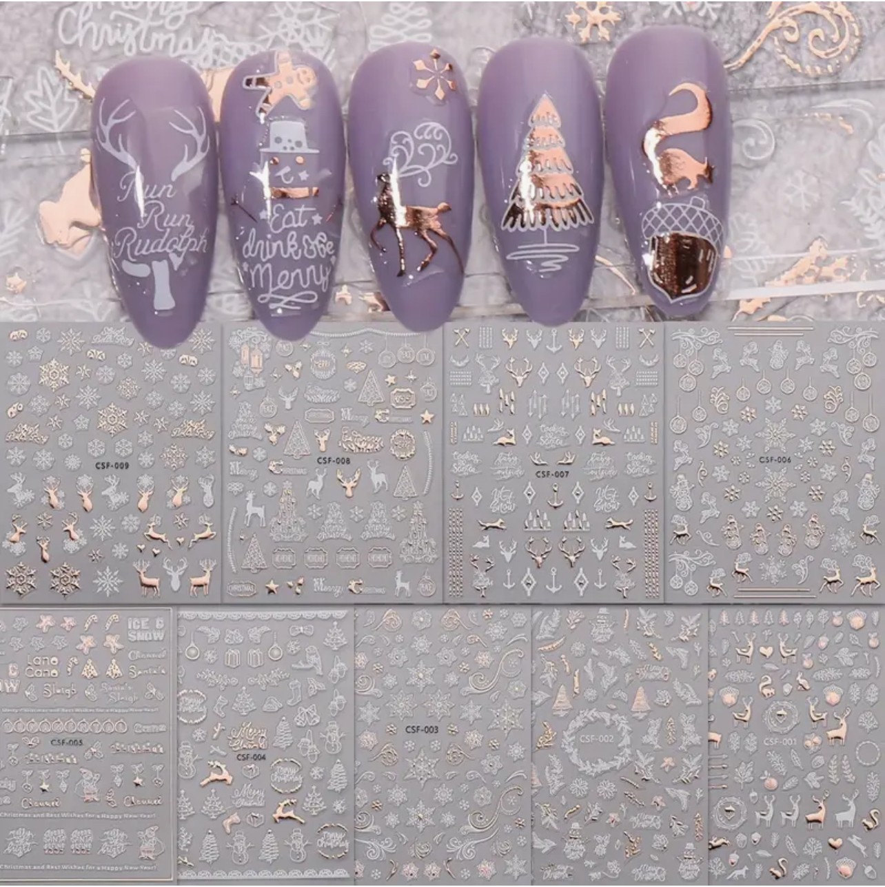 Nail Art Stickers Christmas Metallic Rose Gold White Snowflake Bauble Winter