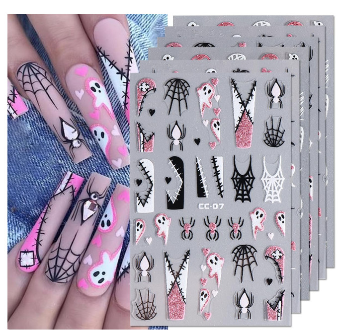 4Pcs Glow in The Dark Halloween Glitter Nail Decals Ghost Spider Web Skull NH30