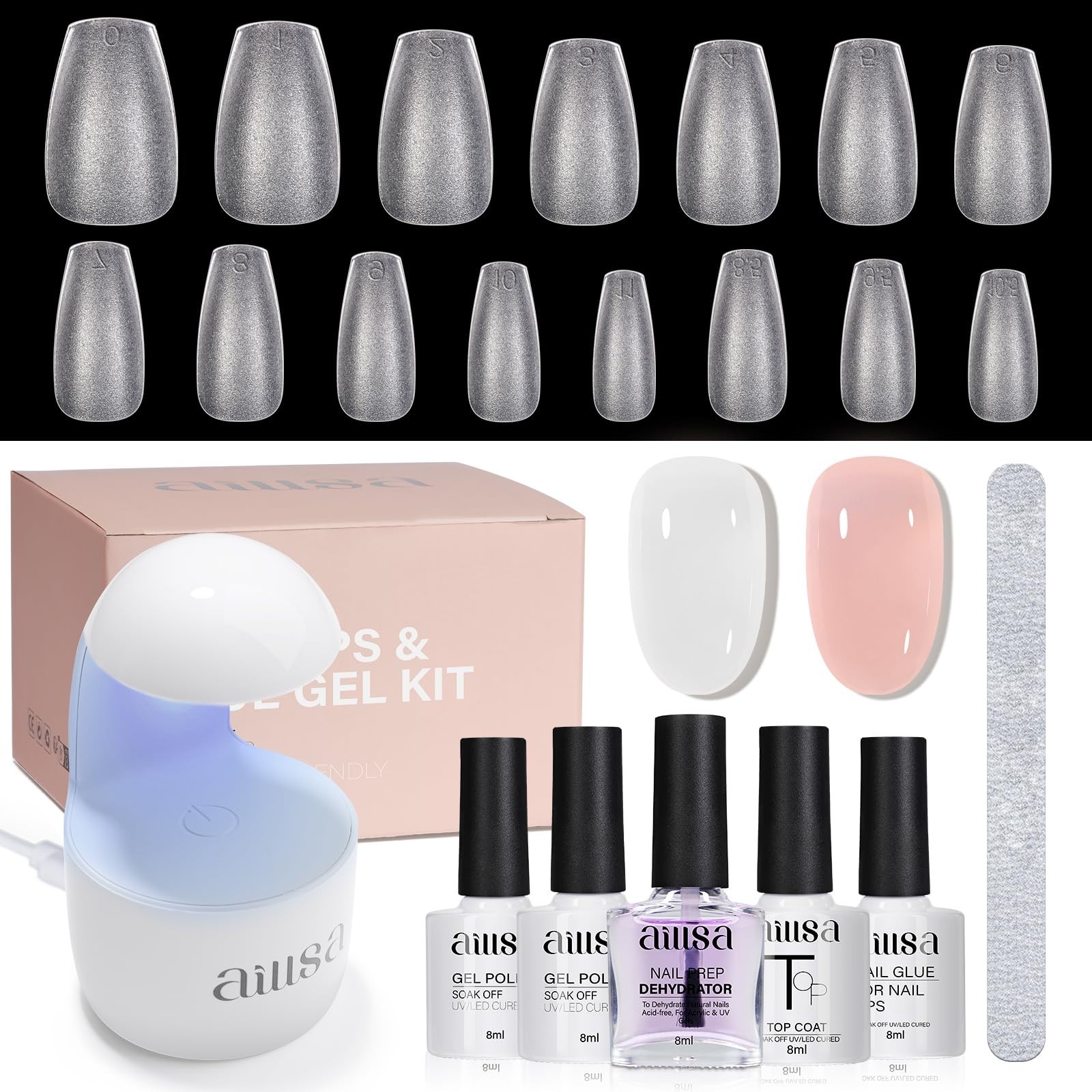 240pcs Short Coffin Nail Tips & Glue Gel Kit, 2-in-1 Base Coat, UV Top Coat, DIY