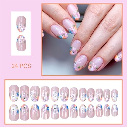 Easter Press on Nails Short Oval Fake Nails with Rabbit French Flower Bunny