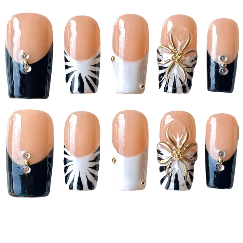 Handmade Press on Nails Nude Black French Square Gold Flower Rhinestone Gift