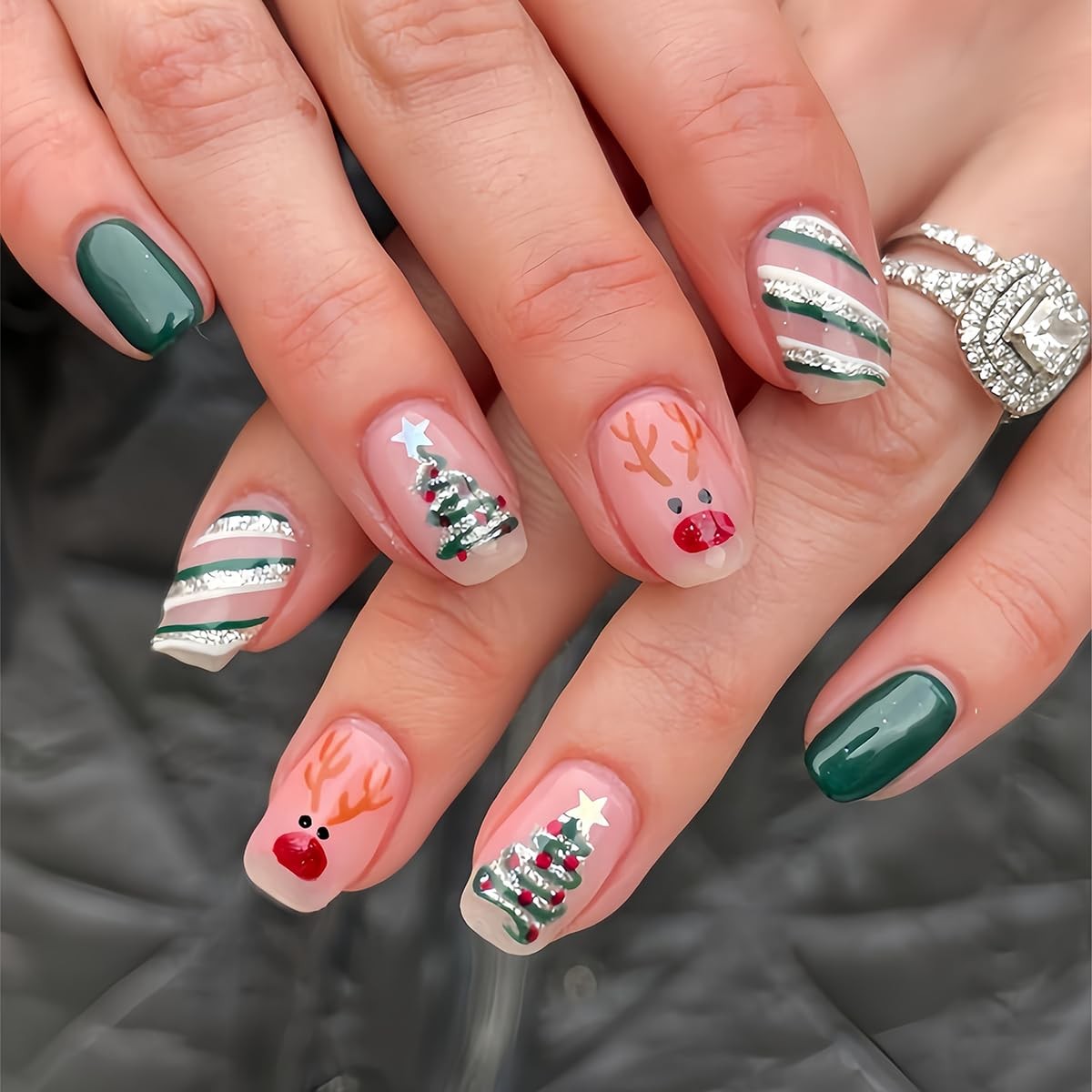 24Pcs Christmas Press on Nails Extra Short Square Green False Nails Nude Fake…