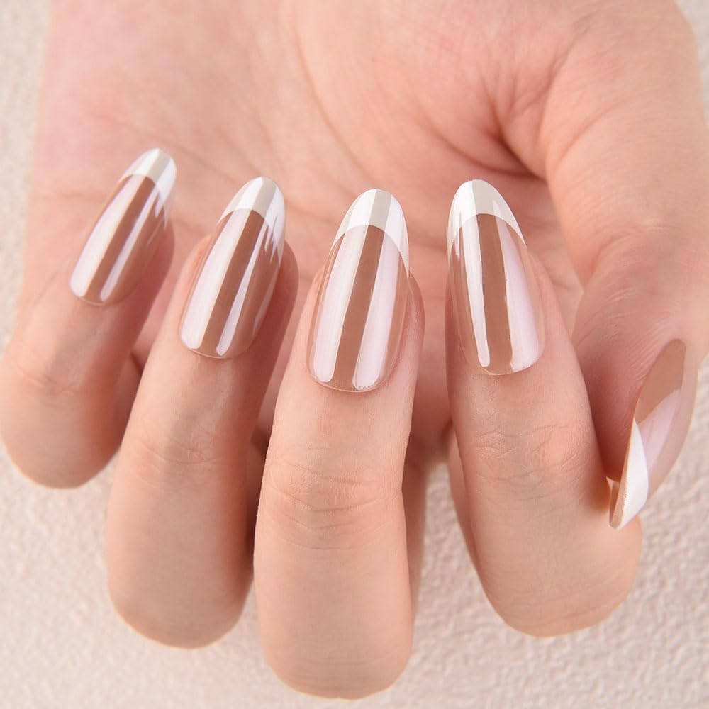 evpct French Tip Chrome Glazed Almond Nails Nude Brown/White
