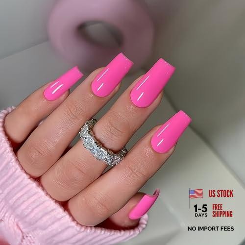 Hot Pink Coffin Nails – Long Medium Press On Nails – Gloss, Gloss, Hot Pink