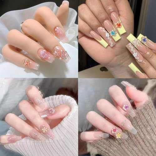 50Pcs Flower Nail Charms 3D Lovely Flower Charms Nail Rhinestones Gold Edge