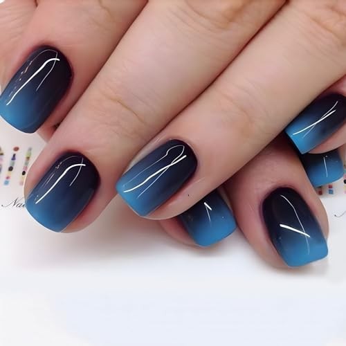 24 Pcs Blue-Black Gradient Press on Nails – Short Square Shape – Fake Style 14