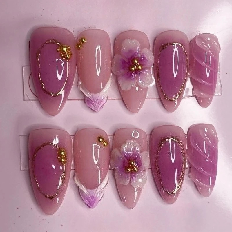 30pcs French Press on Nails:3D Flower Pearl Bow Almond Fake Nails