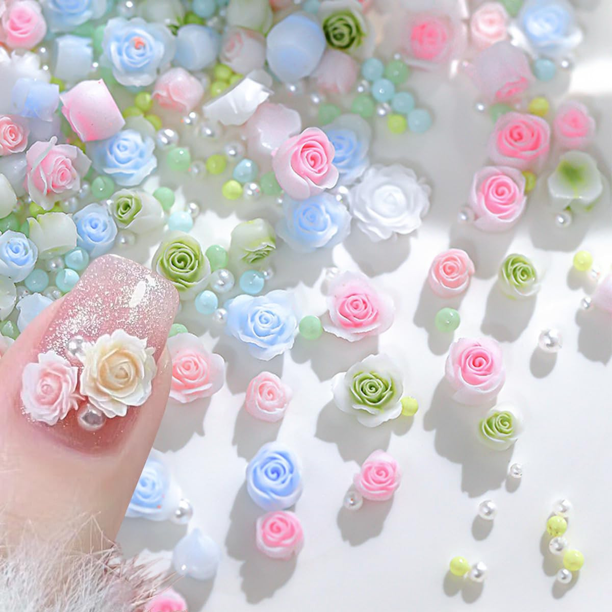 3D Flower Nail Charms, 80Pcs Mixed Pearl Flower Nail Art Rhinestones Blue Pink G