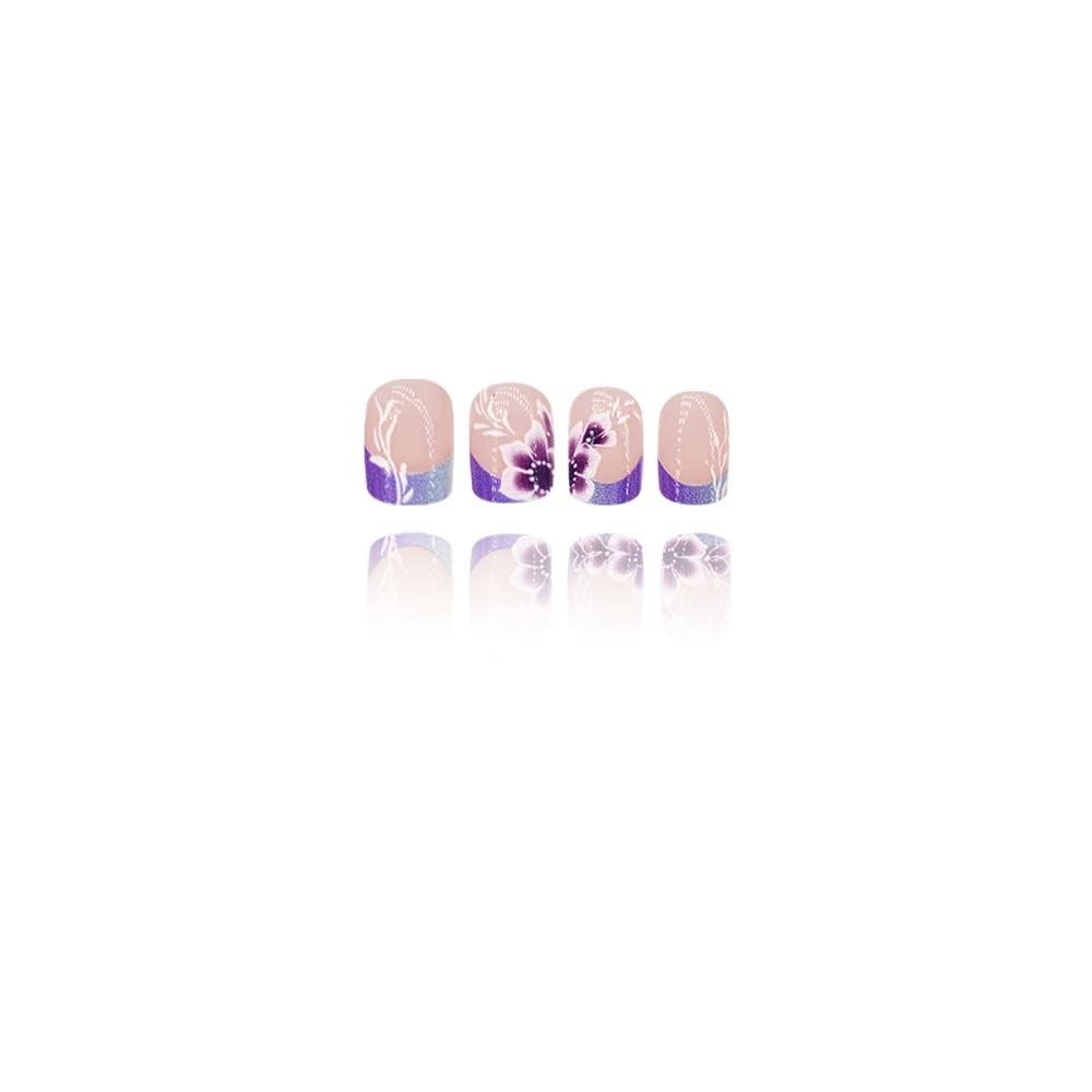 French Tips Press on Nails Purple Flower Fake with Ombre Short, purple