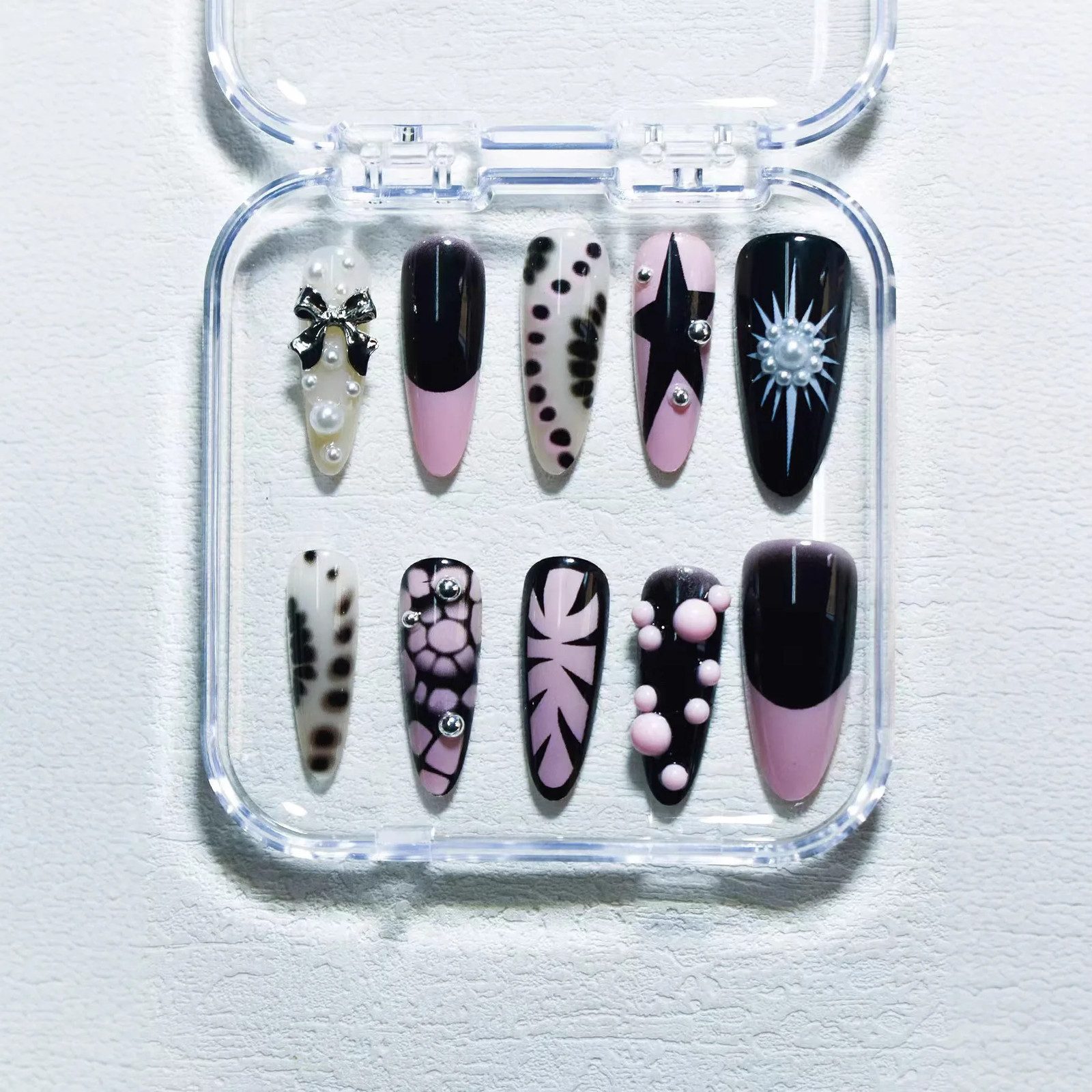 10Pcs Pink Black Leopard Gothic Punk Handmade Press On Nails