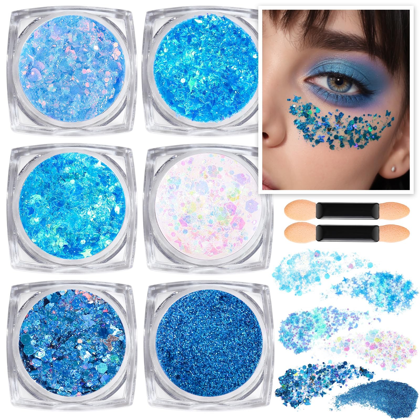 Face & Body Glitter – Blue, Hair Glitter Gel, 6 Shapes Festival Makeup Glitte…