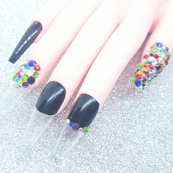 Multi Colored Jewel Box Clear Tip Long Ballerina Press On Nails Handmade Hard