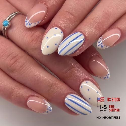 French Tip Press on Nails Short Almond Fake Nails with Blue Polka Dots Blue-21