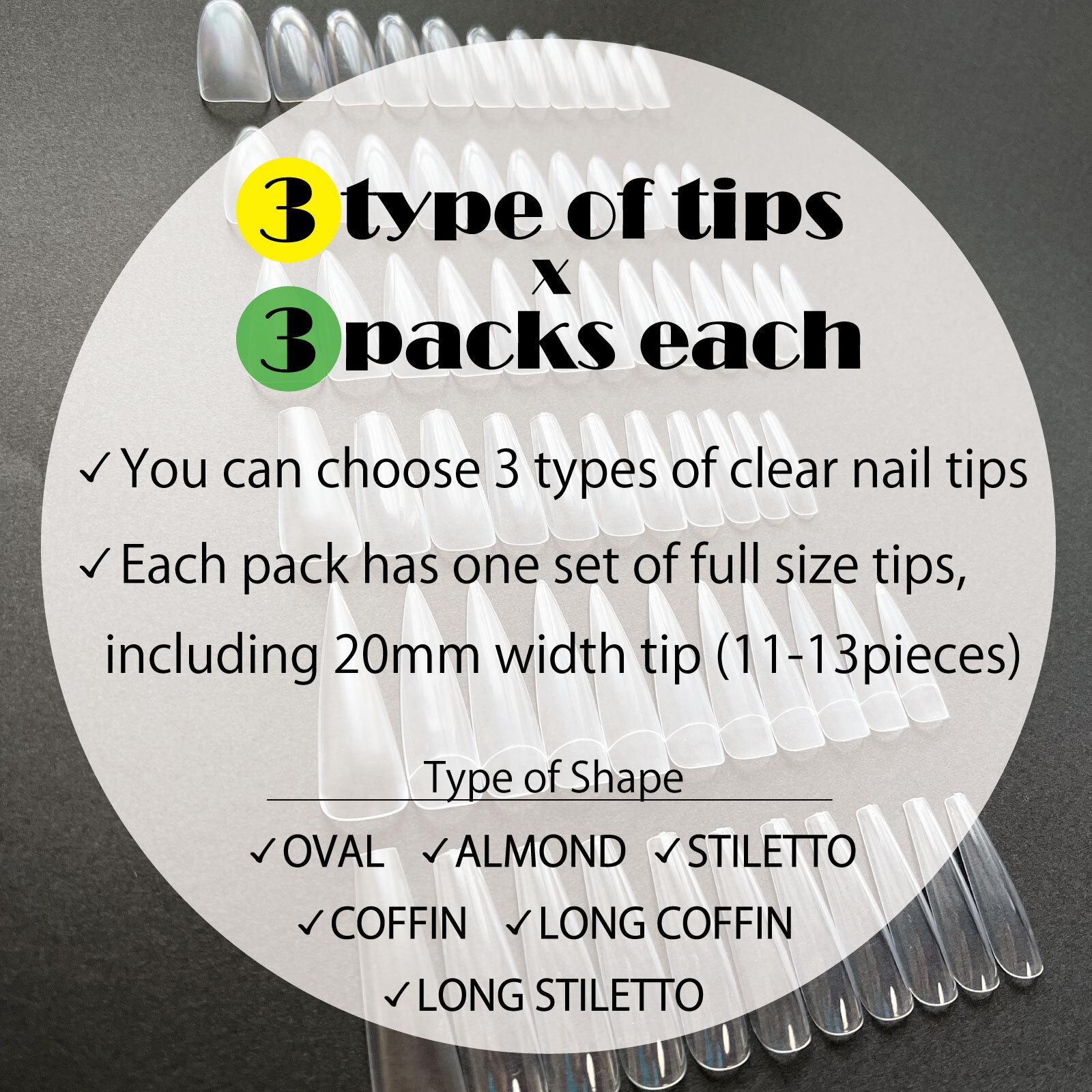 【 3 Type of Shape * 3 packs 】 Mixed Full Size Set of Clear Nail Tips