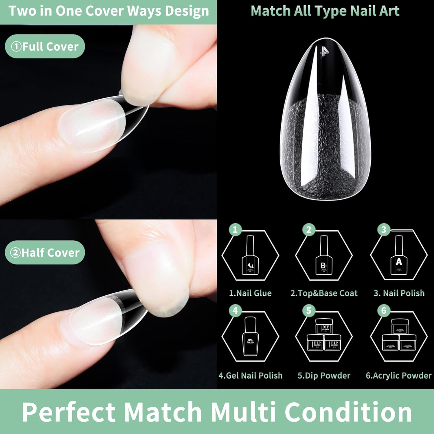 Short Almond Nail Tips, 216pcs Acrylic Fake Nails Soft Gel X Nail Tips, Full Cov