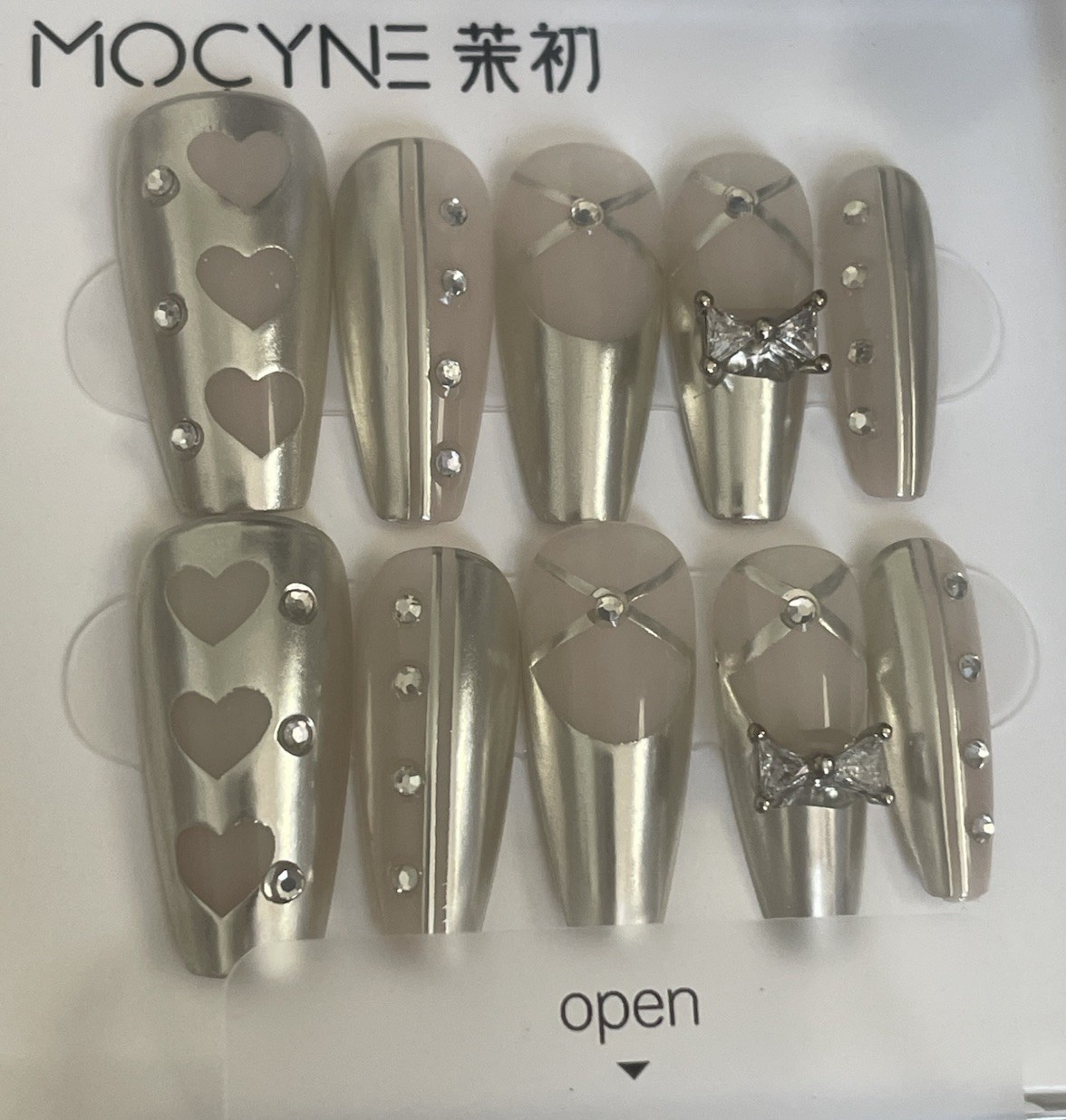 12 MOCYNE Long Nail Sets – Rose Crystals – Black Tuxedo Stars – Silver Hearts