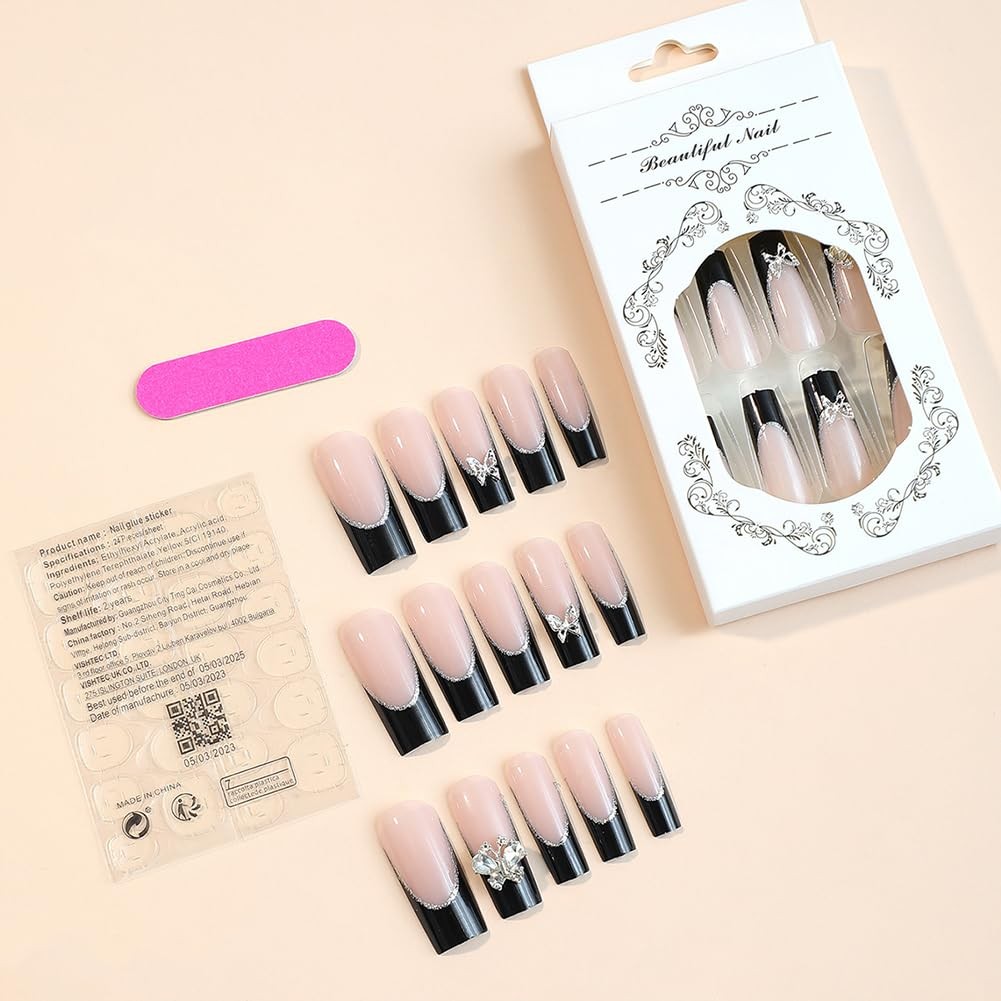 Long Press on Nails Square Black French Tip Fake False Nails with Bling Diamo…