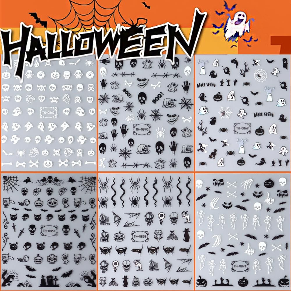 Halloween Nail Stickers, 6 Sheets Black Ghost Nail Decals 3D Self-Adhesive Small