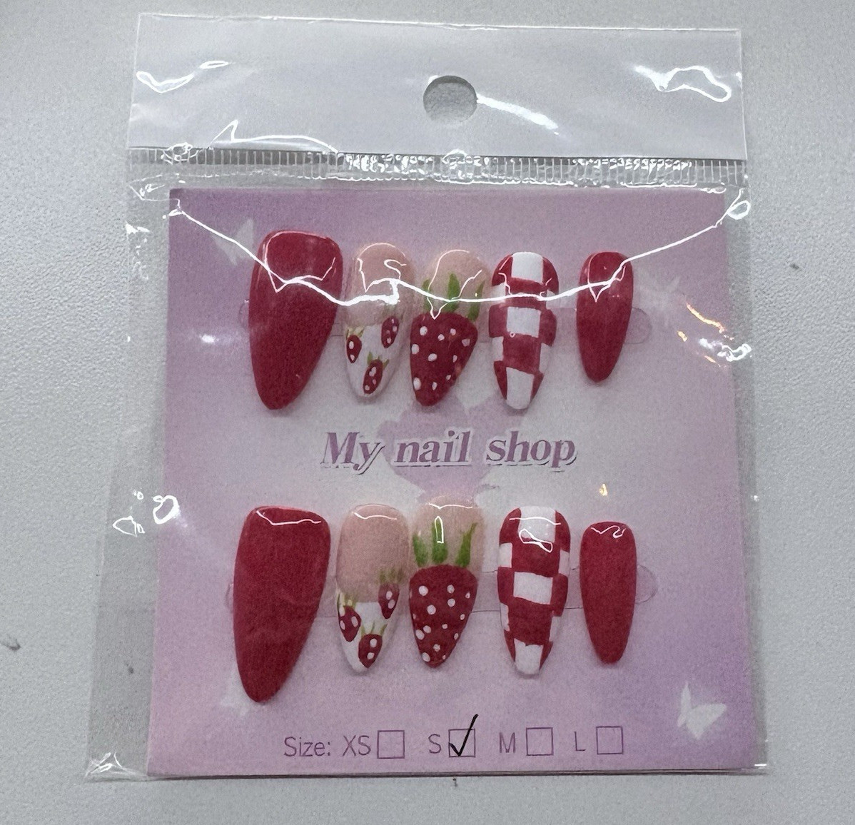 My nail shop Press-On Nails Red White 3D Fruit Pre-Designed Medium Almond