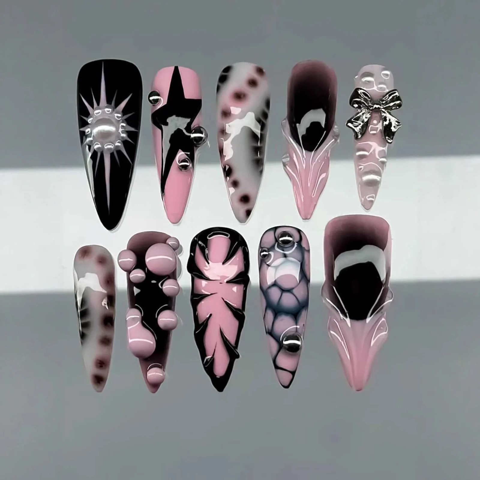 10Pcs Pink Black Leopard Gothic Punk Handmade Press On Nails