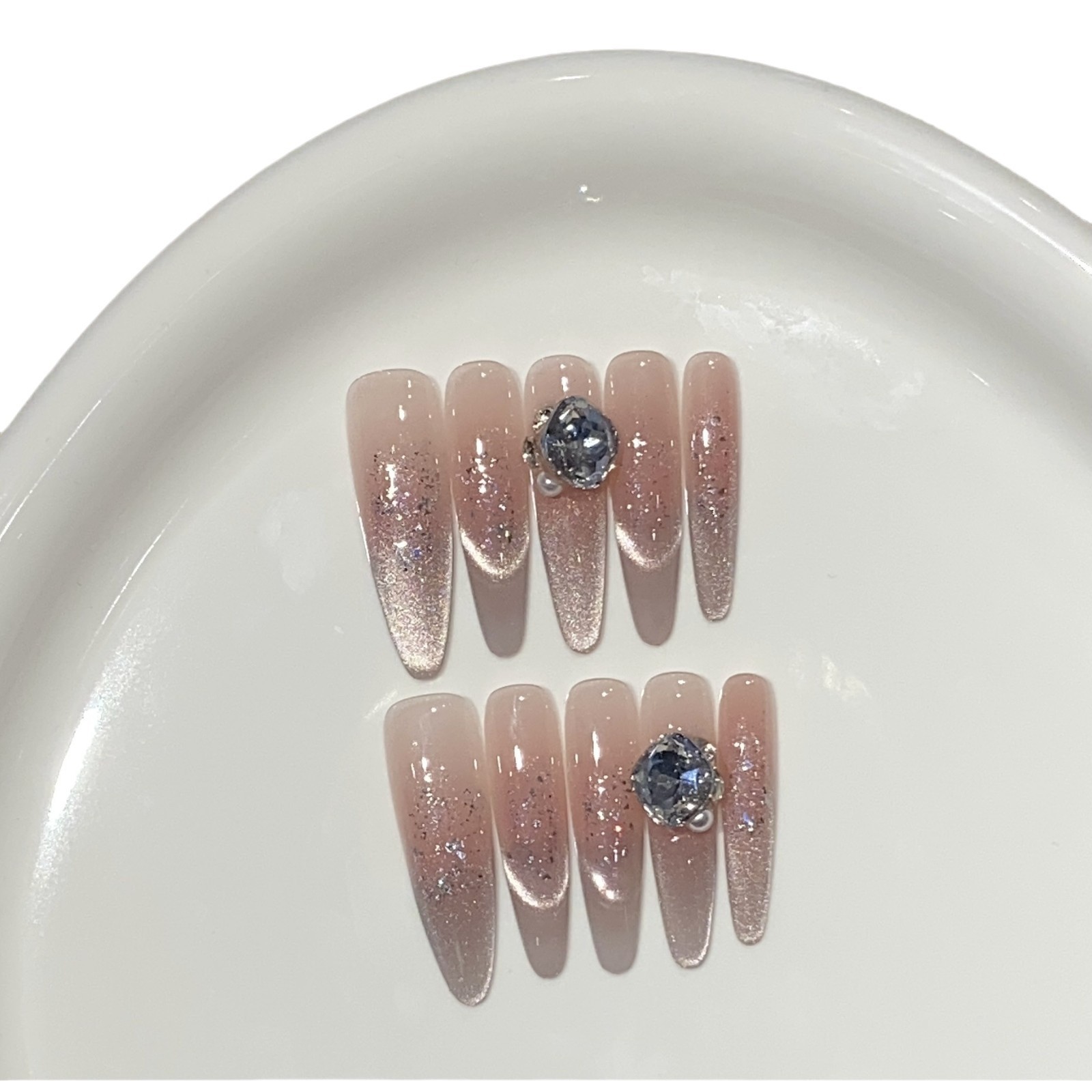 10Pcs Handmade Pink Cat Eye Long Pointed Nails Pearl Rhinestone Design