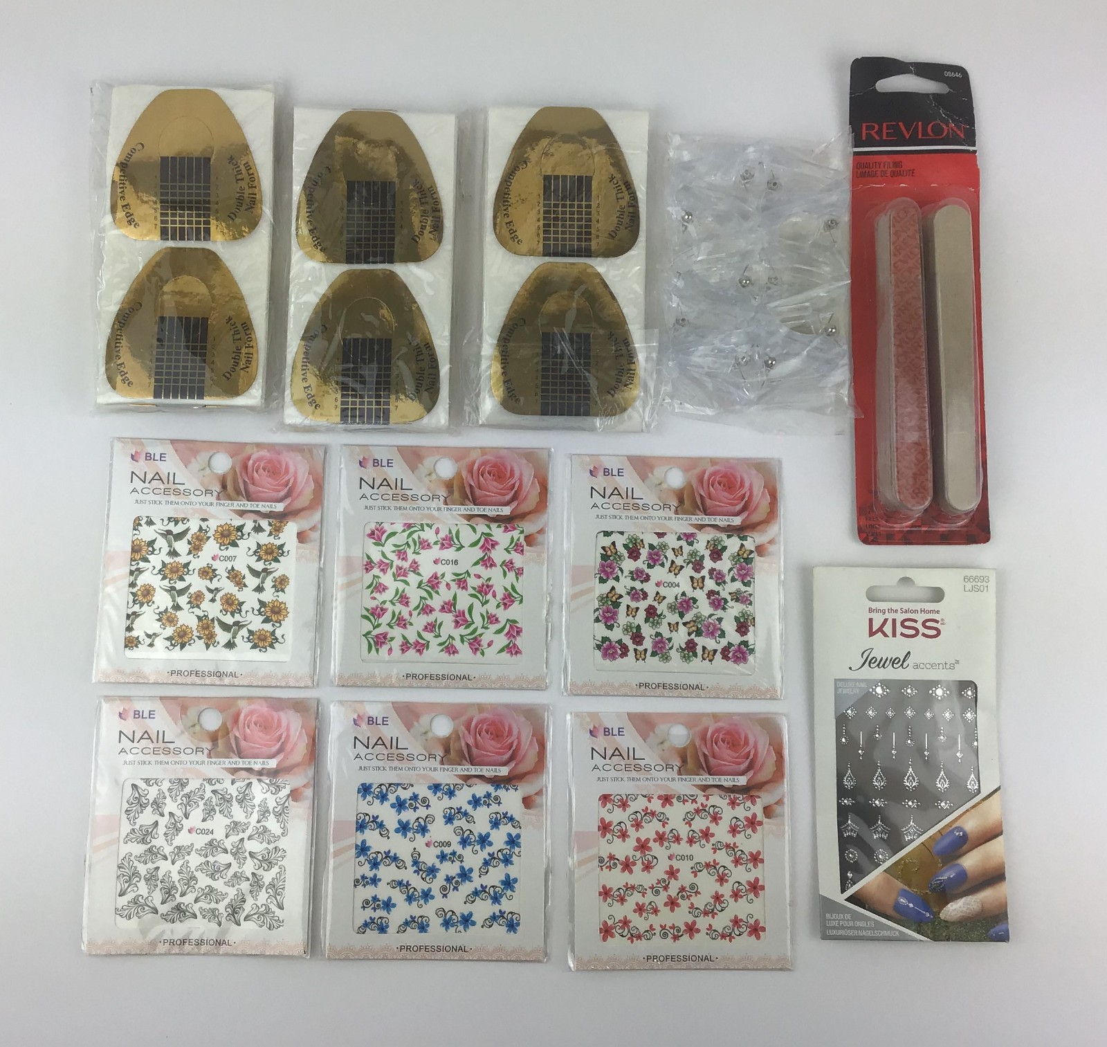 Lot of Nail Art – Forms, Tip Clips, Decals, Jewel Accents, & 24 Revlon Files