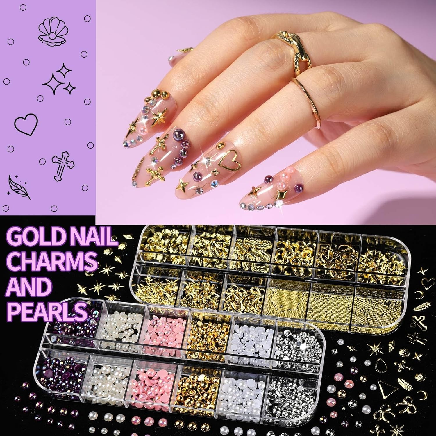Nail Charms and Gems, 8 Boxes Nail Art Kit for Design, Multi-Shape Rhinestone…