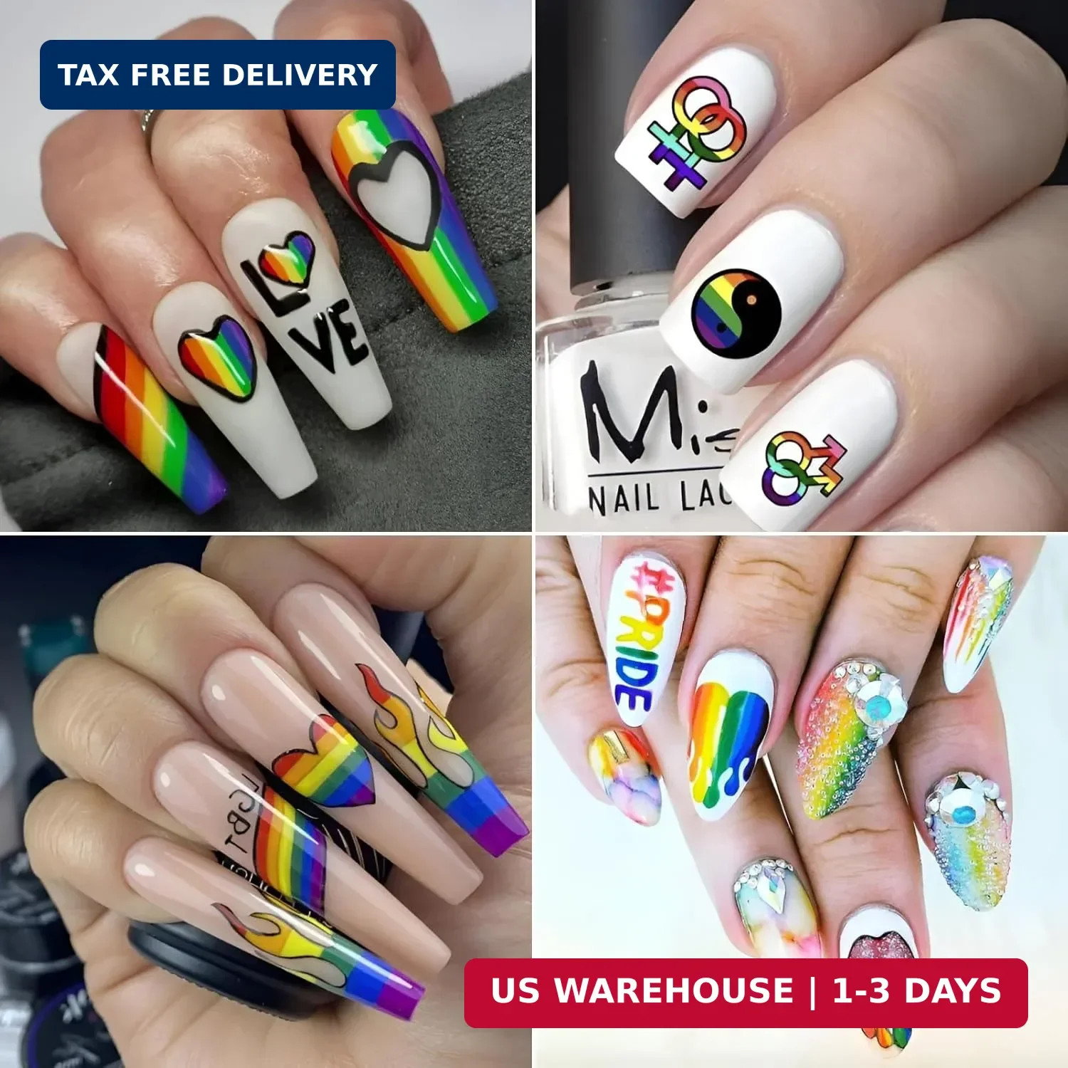 4 Sheets LGBTQ+ Pride Nail Stickers Cute Rainbow Nail Art Decals 3D Self-Adhesiv