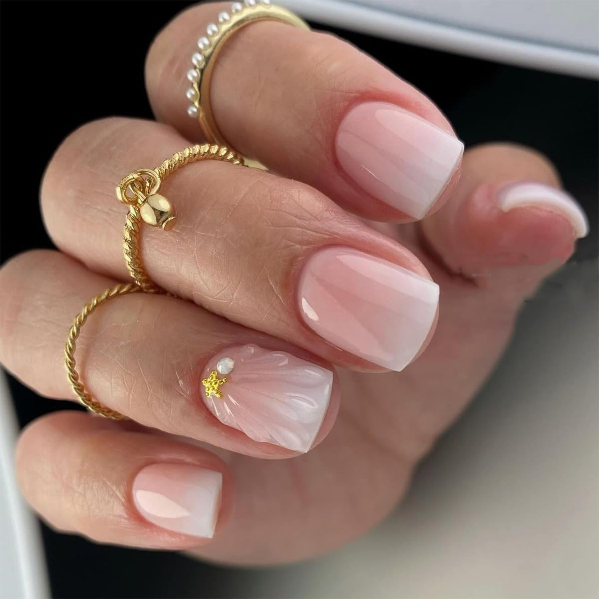 French Tip Press on Nails Square Medium Fake Nails Chrome Mirror Acrylic Nails P
