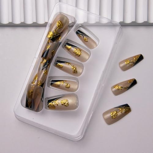 Press on Nails Square Fake Nails Gold Rose Flowers Acrylic Nails Medium Style 9