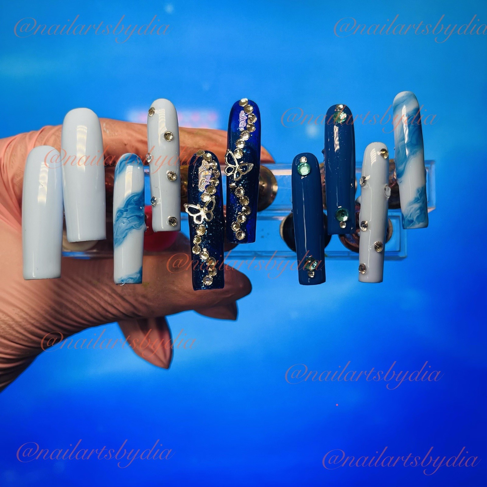 Authentic Nail Arts by Dia Square Press-On Nails Blue White Butterfly Shiny Long