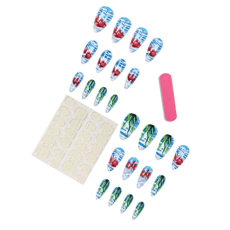48 Pcs Blue Goldfish Press on Nails, Medium Almond 3D Aquatic Glossy Fake Nails
