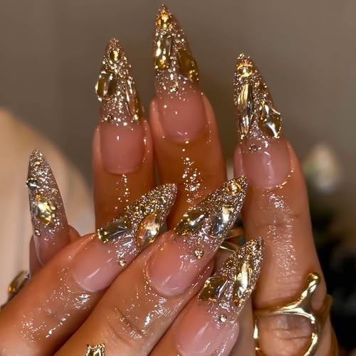 Long Stiletto Press on Nails French Tip Fake Nails Gold Almond Style 02-38