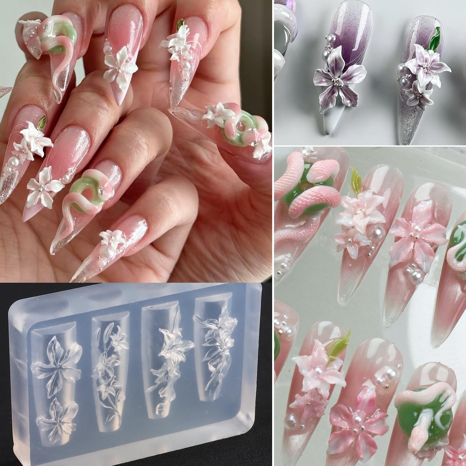 Silicone Nail Art Molds, 2PCS Reusable Clear 3D Flowers Nail Charm Molds with…