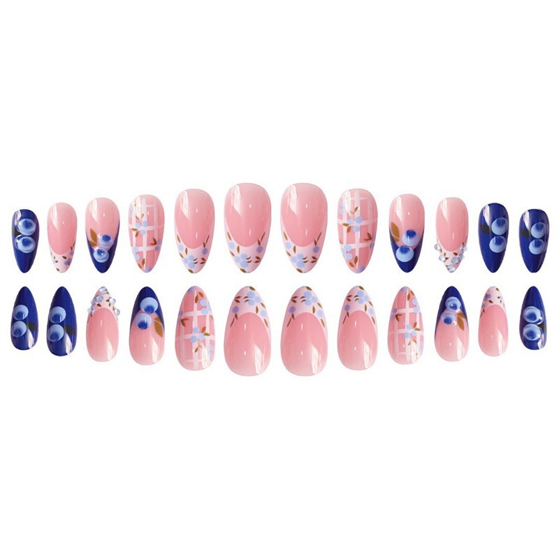 Sweet Almond False Nails Cute Blueberry Plaid Design Press on Nails Wholesale