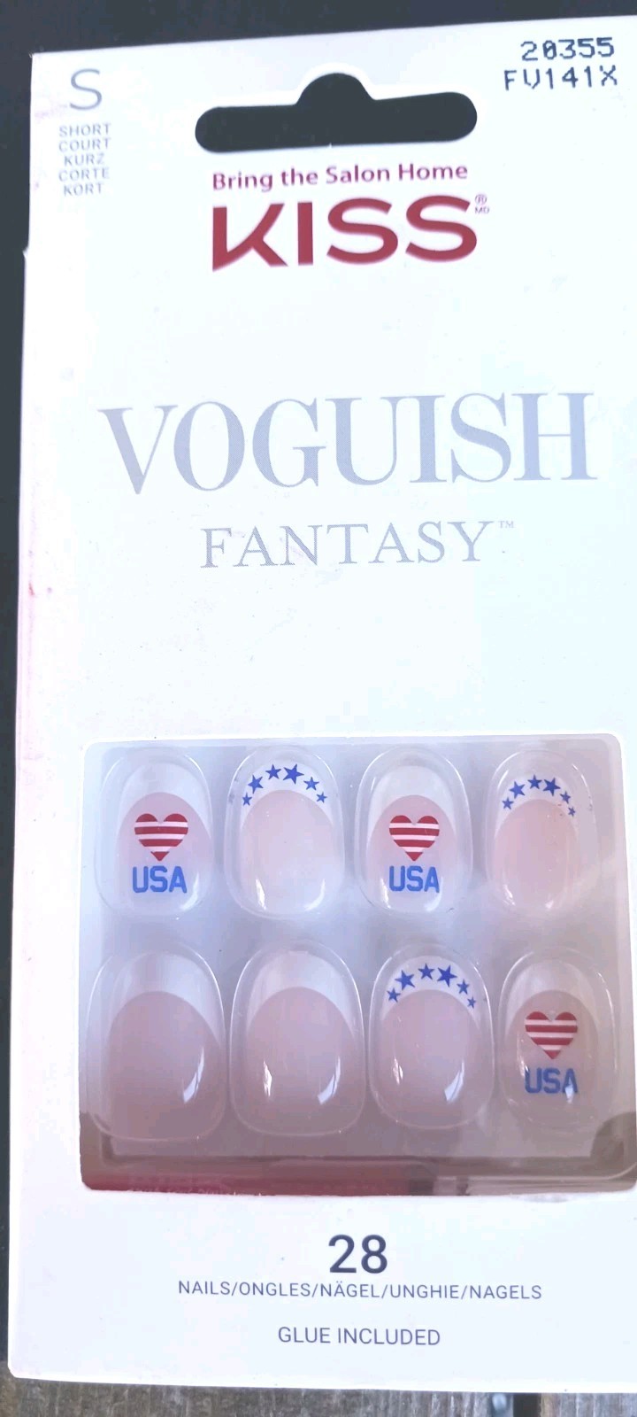 Kiss VOGUISH FANTASY GLUE ON NAILS 28 short ALMOND PATRIOTIC FRENCH “SMOOTH” NEW