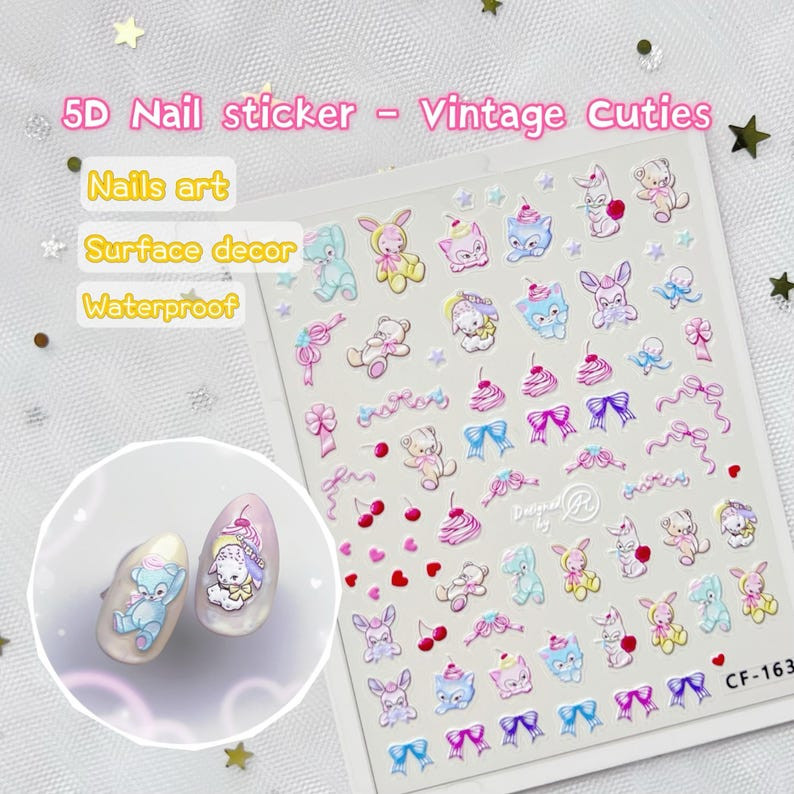Kawaii Nail Stickers- Cartoon Cute Y2K 5D Manicure Decals/ DIY/ Hello Kitty/pink