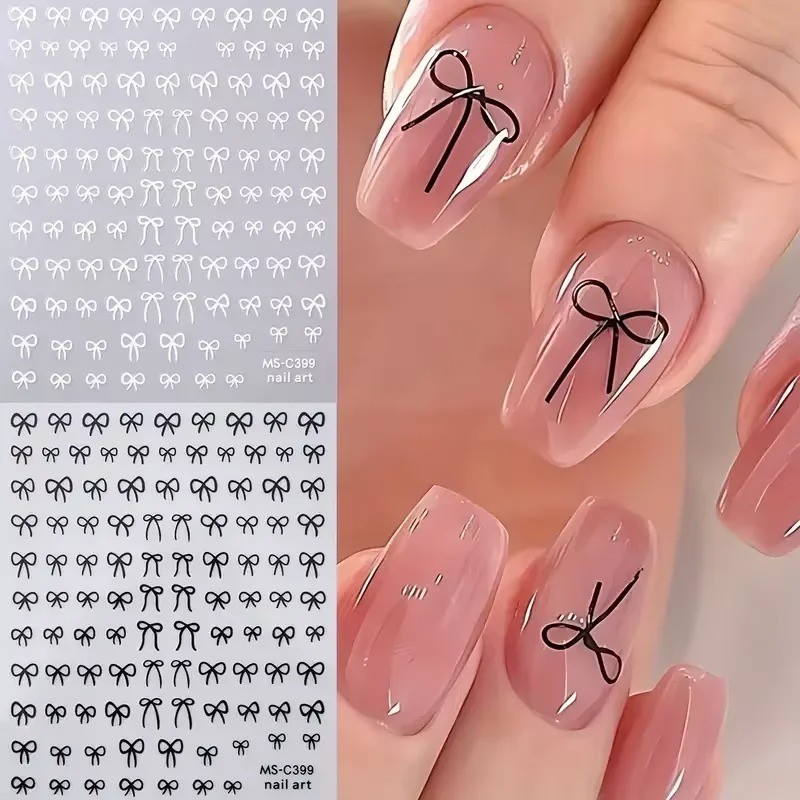 Black White Pink Mini Bowknot Design Nail Art Sticker Self Adhesive Lace 1/2PCS
