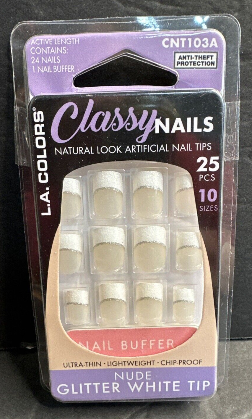 LA Colors Classy Nails Nude French White Tip Silver Glitter Stripe 25 Pieces NEW