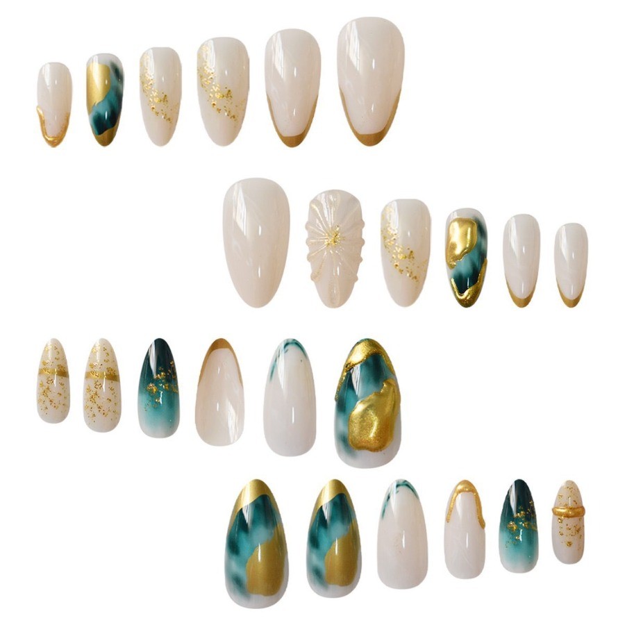 48pcs-Ocean-inspired Fake Nails with Teal Gradient, Gold Trim and Shell Details
