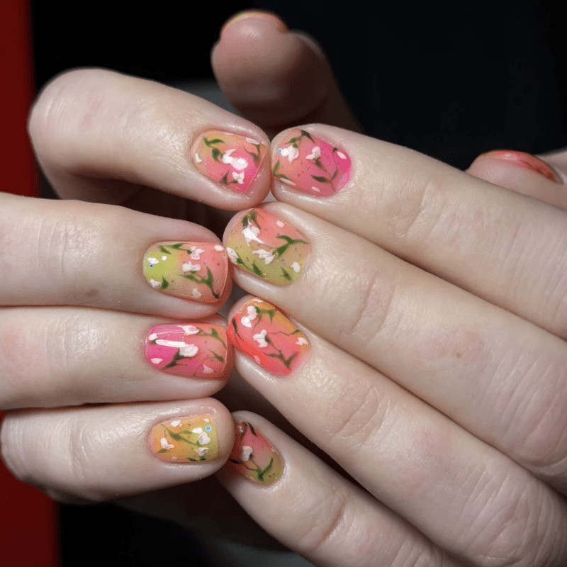48Pcs-Short Square Gradient Pink Orange Floral Glitter Fake Press on Nails Set