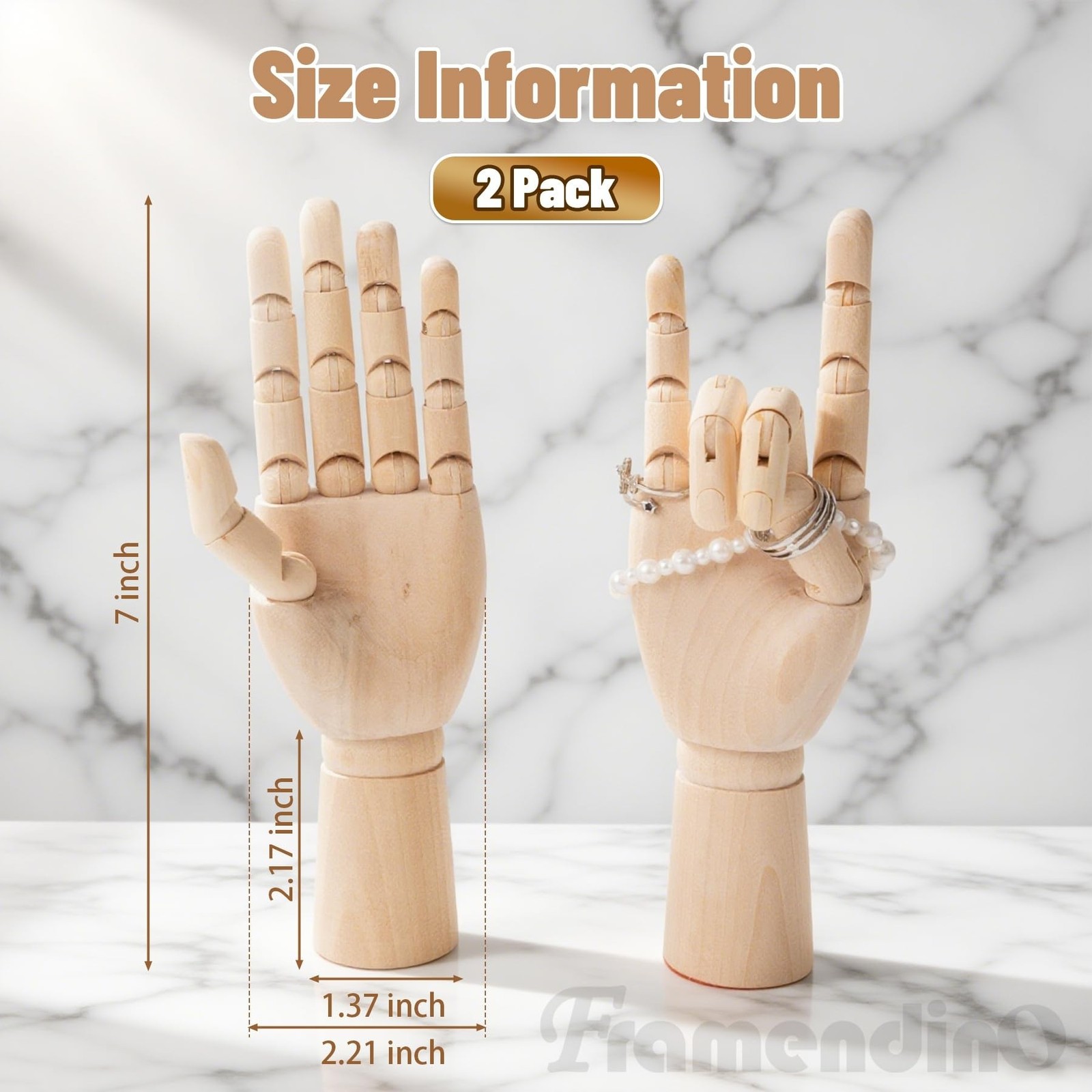 Framendino, 2 Pack 7″ Flexible Wood Hand Model Wooden Mannequin Right Left Dr…