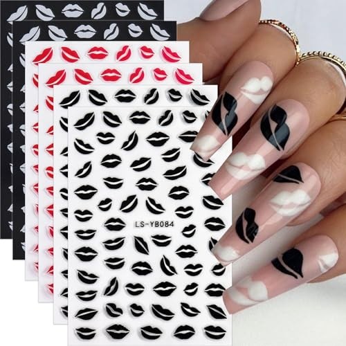 Valentine’s Day Nail Stickers Nail Decals 6PCS White Black Heart Nail Sexy Lips