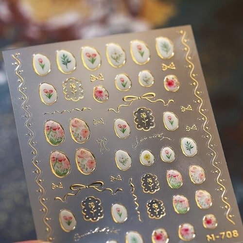 Flower Nail Art Stickers Decals 5D Embossed Jelly tulip rose gold circle