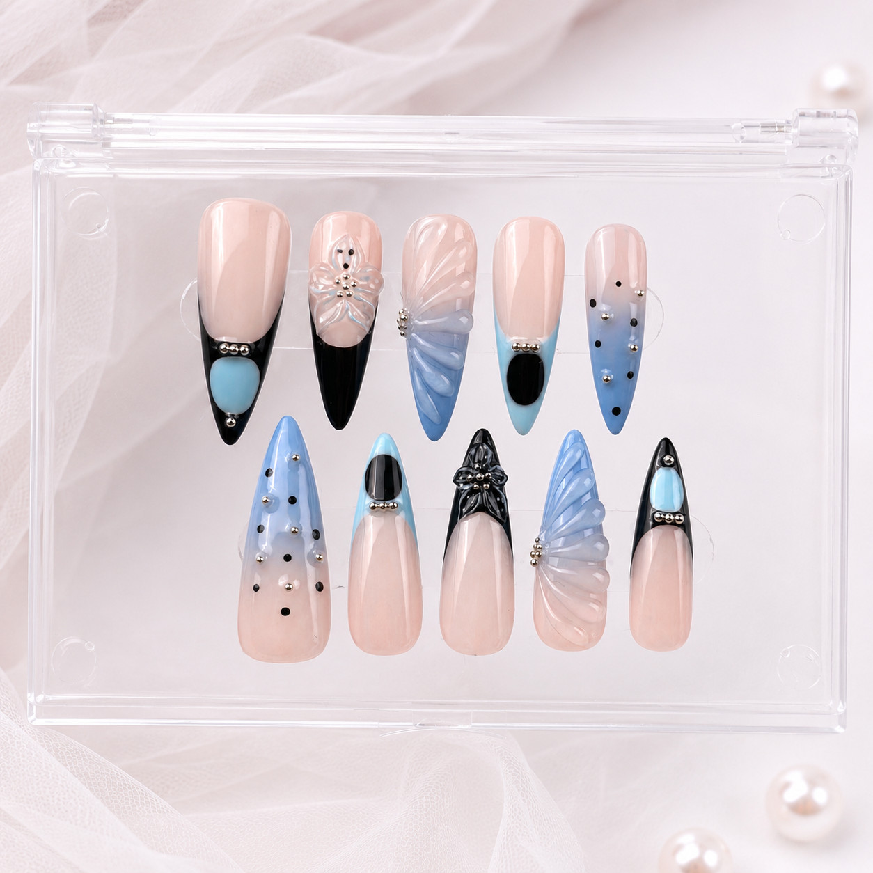 Long Stiletto Press On Nails Blue Black French Tip Butterfly Rhinestone Nail Set