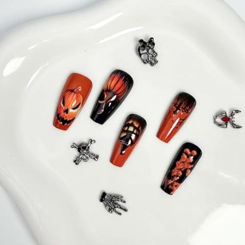 24Pcs Halloween Pumpkin Medium Length Fake Nails Orange Flower Style Nails 01