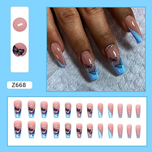 Medium Blue Ballerina French Tip Press on Nails – Butterfly Design